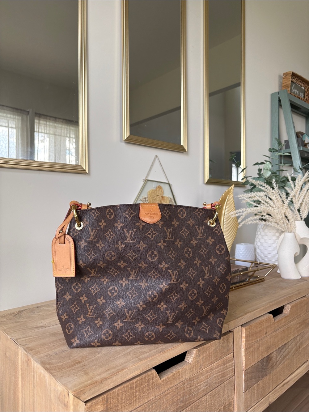 Louis Vuitton Monogram Canvas Shoulder Tote with Natural Leather Trim